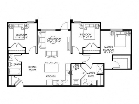 Floor plan for 3 beds, 2 baths, 1095 sqft